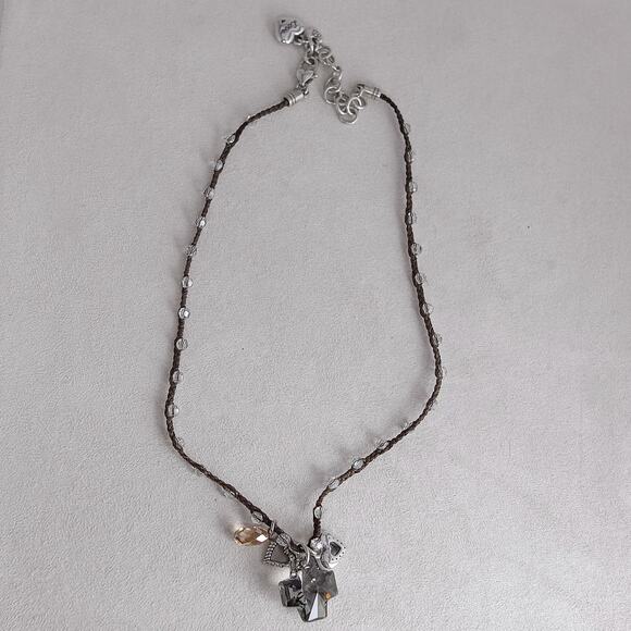 Brighton Karma Charm Necklace Retired Brown Cord Cross CZ Charms 16-18" - Picture 1 of 6